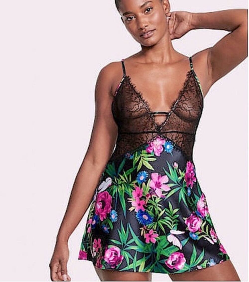 Victoria's Secret Floral Lace Trim Slip Mini Dress Lingerie Size L